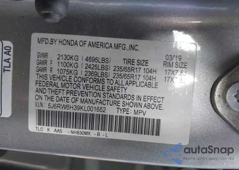 2019 Honda Cr-V Lx из США, поврежденный, VIN 5J6RW6H39KL001652